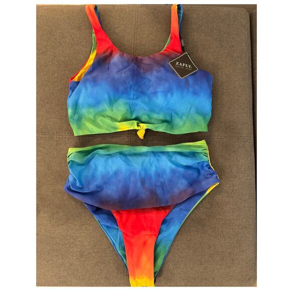 Zaful Size Large NWT 2 Piece Rainbow High Waist Knot Tankini Bathing Swim Suit - Picture 2 of 7